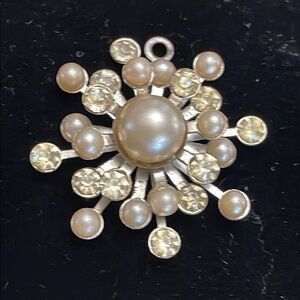 MCM 50’s Starburst faux pearl and rhinestone silver tone pendant